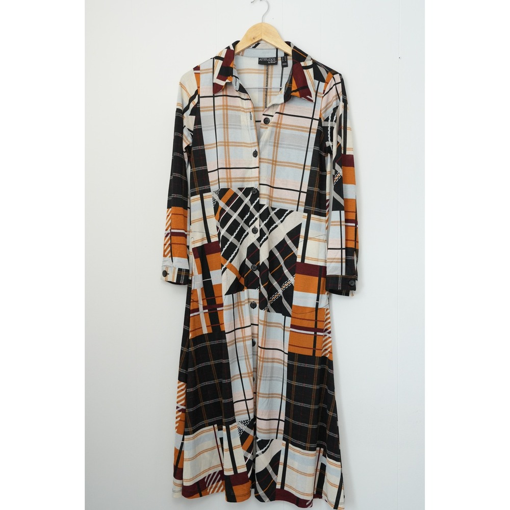 Attitudes by Renee Shirt Dress Women Extra Small Petite Orange‎ Patchwork Plaid